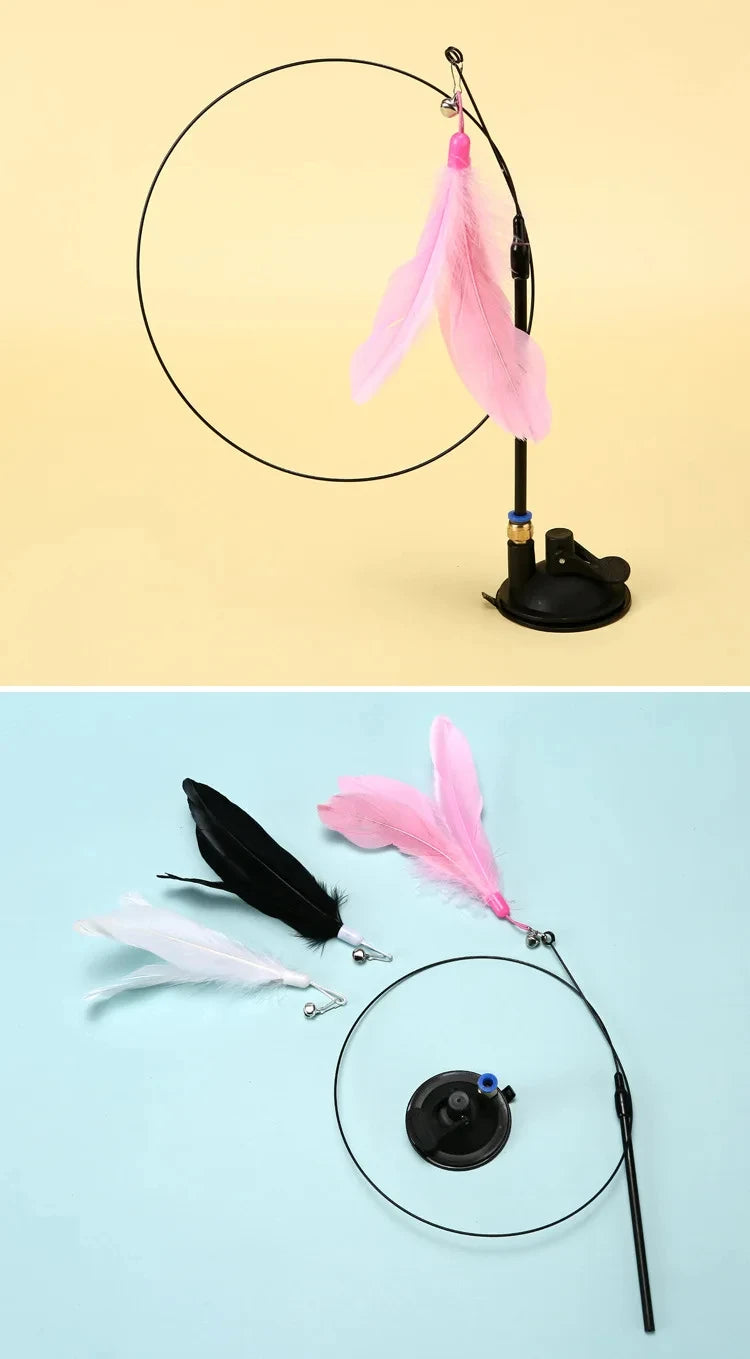 Interactive Cat Toy Handfree Cat Stick Kitten Playing Teaser Wand Toy Suction Cup Feather Wand Pet Supplies Simulation Feather