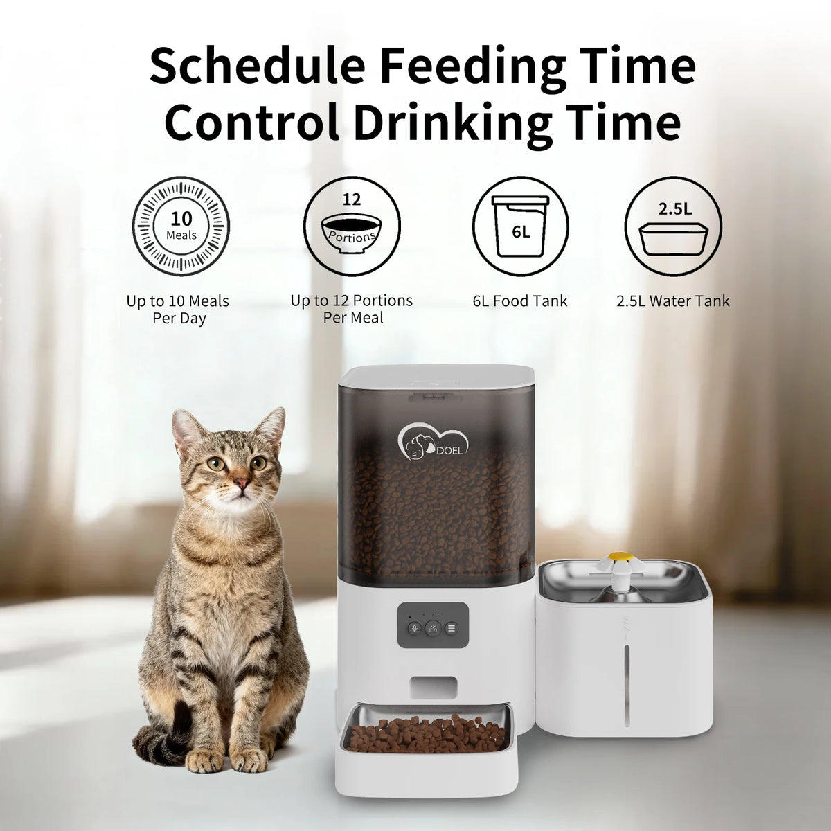 DOEL 2-in-1 Smart Cat Feeder 6L Dry Feeder & 2.5L Cat Water Fountain w/ App Control Timed Feeding For Small Dogs Food Dispenser
