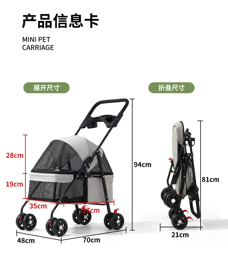 Lightweight Foldable Pet Stroller Outdoor Travel Hand Cart for Small Dogs Cats Teddy Walking Trip