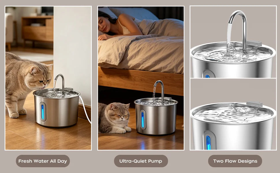 Cat Water Fountain Stainless Steel: 74oz/2.2L Cat Fountain for Drinking Pet Water Fountain for Cats Inside - Quiet Cats Water Bowl Dispenser - Kitty Drinking Fountains - for Pets& Small Animals